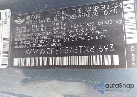 2011 Mini Cooper из США, поврежденный, VIN WMWZF3C57BTX81693